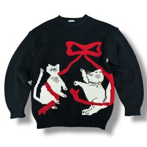 Vintage 90s Cat Sweater Hastings & Smith Black Novelty Jingle Bell L